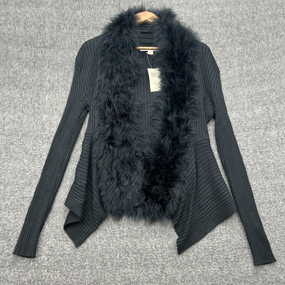 Boston Proper Cardigan Small Black Feather Trim Open Glam Mob Goth Coquette Edgy